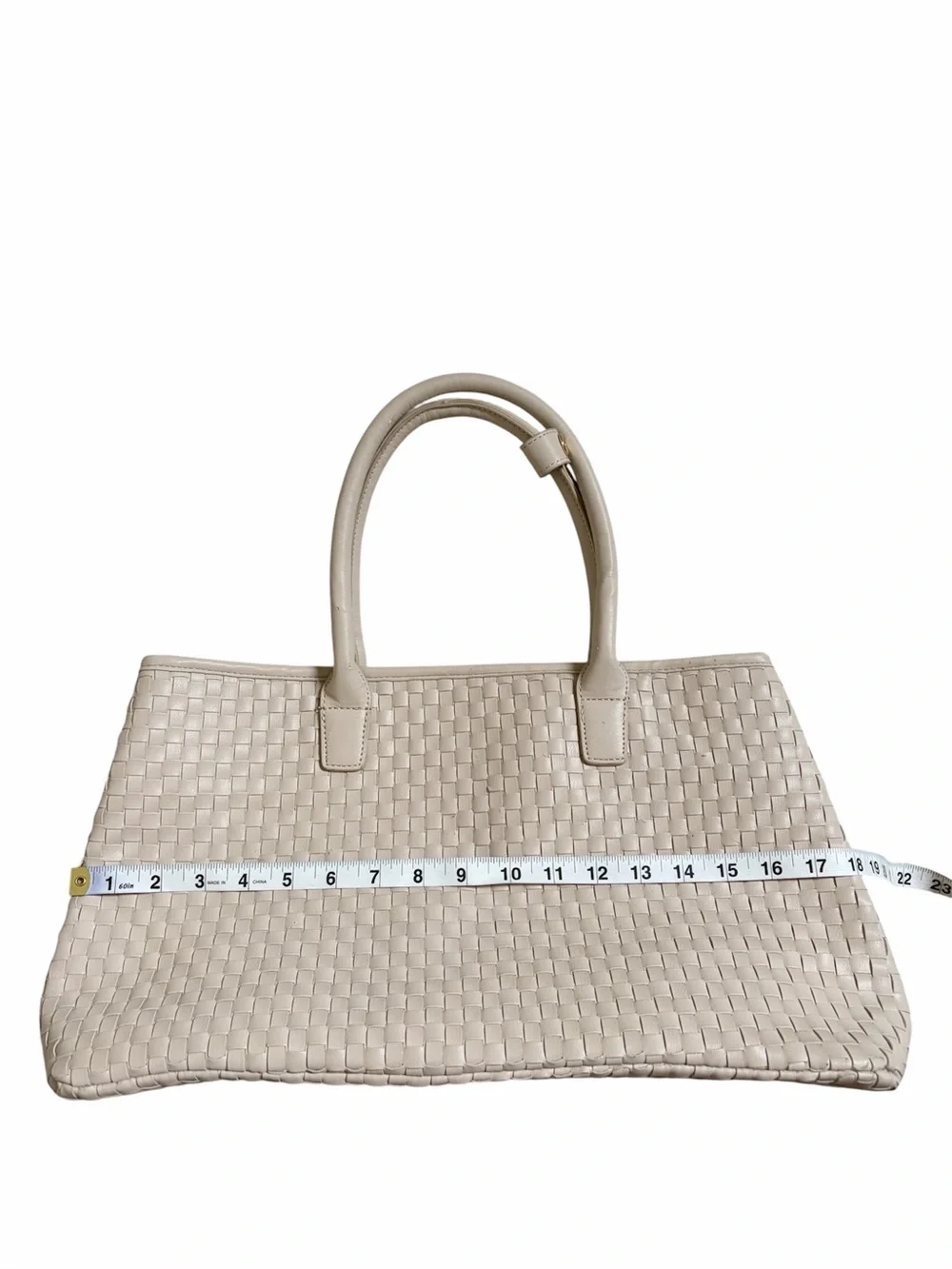 Lulu Dharma Cream Vegan Faux Leather Woven Texture Large Tote Shoulder Bag